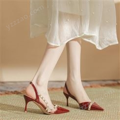 H1933-1酒红色尖头高跟凉鞋半包头铆钉饰细跟女鞋漆皮纯色夏季单