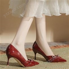 H329-3本命年红色高跟鞋交叉一字带水钻扣法式轻奢女鞋外穿单鞋女