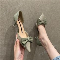 女鞋2023新款春季单鞋韩版法式尖头蝴蝶结细跟高跟鞋中空鞋