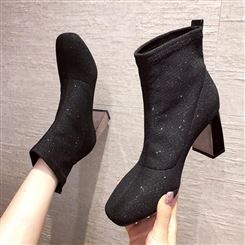 2023秋冬季马丁靴黑色中筒短靴方头亮片粗跟简约时尚韩版女鞋7cm